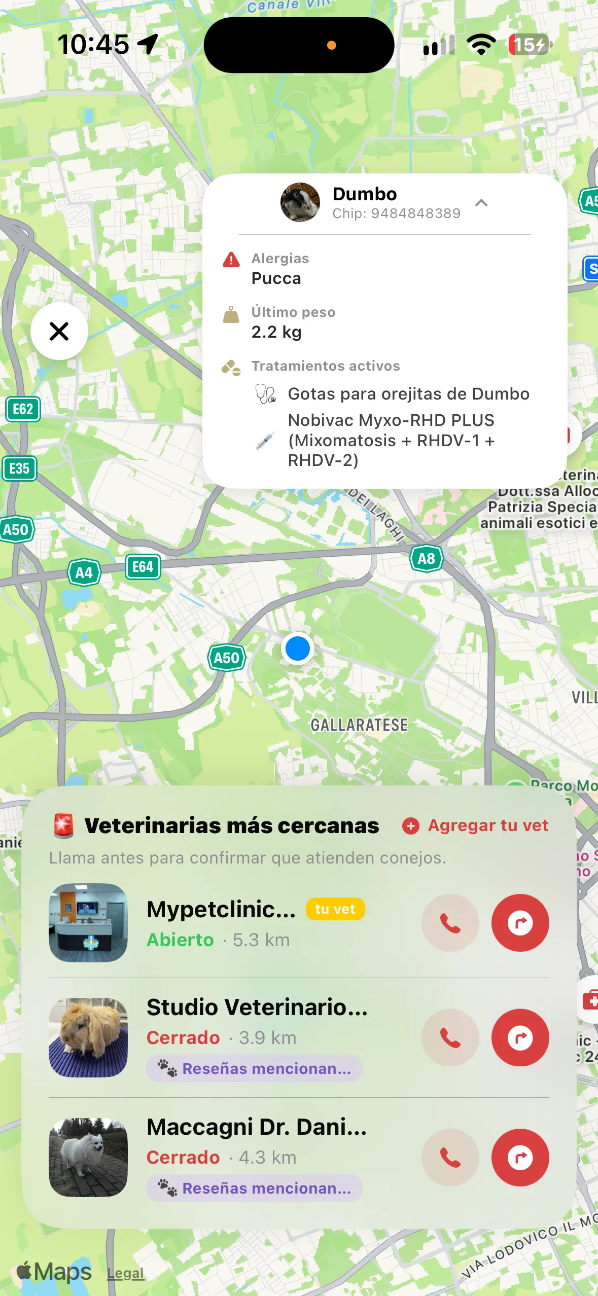 Mapa de KoaPet con las veterinarias más cercanas abiertas ahora