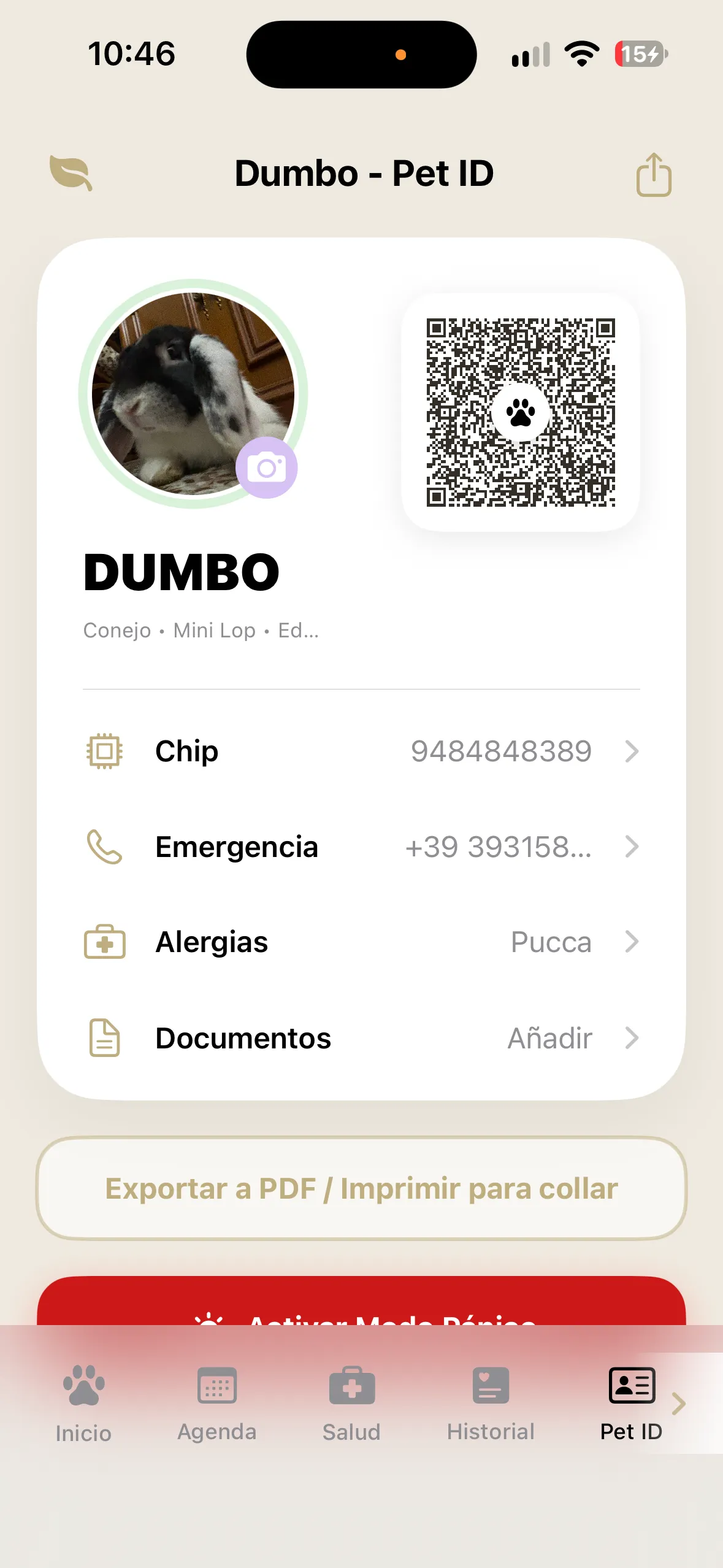 Pet ID de KoaPet con código QR para el collar y Modo Pánico